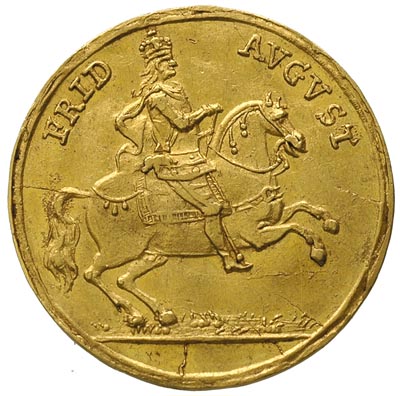dukat wikariacki 1711, Drezno, Aw: Król na koniu, Rw: Insygnia, złoto 3.41 g, Merseb. 1485, Fr. 2823, rzadszy typ monety, lekko pogięty, patyna