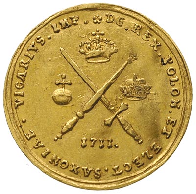 dukat wikariacki 1711, Drezno, Aw: Król na koniu, Rw: Insygnia, złoto 3.41 g, Merseb. 1485, Fr. 2823, rzadszy typ monety, lekko pogięty, patyna