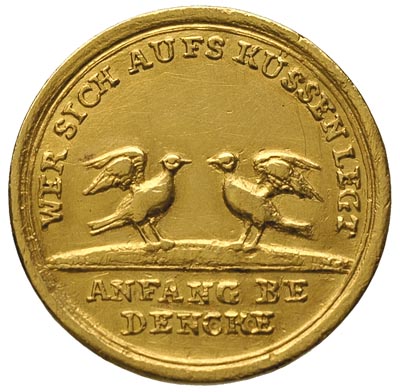 dukat (żeton) bez daty (tzw. Coseldukat 1706), Drezno, Aw: Dwa gołębie i napisy, Rw: Kogut na kurce i napisy, złoto 3.44 g, Merseb. 1588 (srebro), Fr. 2776, rzadki
