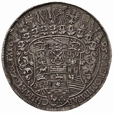 talar 1695, Drezno, litery I - K po bokach tarczy herbowej, Schnee 985, Dav. 7652, moneta przyszłego króla Polski, ciemna patyna