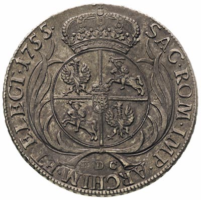 talar 1755, Lipsk, 28.93 g, Schnee 1037, Aw:typ B, Rw: typ 3, Dav. 1617, moneta z dużym blaskiem menniczym, patyna