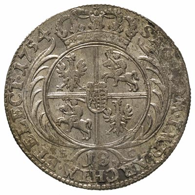 ort 1754, Lipsk, odmiana z dużą głową i szczupłym popiersiem króla, Merseb. 1779, piękny egzemplarz, patyna