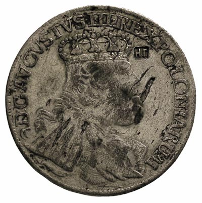 ort 1754, Lipsk, odmiana z dużym popiersiem króla, na awersie rosyjska punca YU