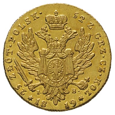 25 złotych 1819, Warszawa, złoto 4.91 g, Plage 14, Bitkin 814 R, Fr. 106, minimalne ryski w tle awersu