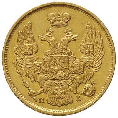 3 ruble = 20 złotych 1835, Petersburg, złoto 3,92 g, Plage 301, Bitkin 1076 R, Fr. 111, drobne rysy w tle, patyna