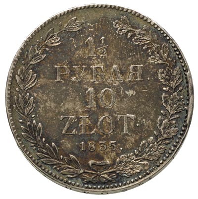 1 1/2 rubla = 10 złotych 1835, Petersburg, po 4 kępce liści 1 jagoda, Plage 322, Bitkin 1088, wielokolorowa patyna