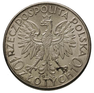 10 złotych 1932, Anglia, Głowa Kobiety, Parchimowicz 120.b, bardzo ładny stan zachowania