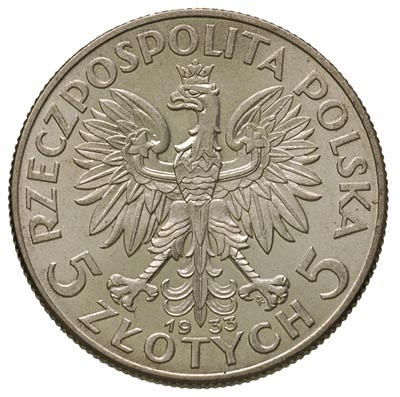 5 złotych 1933, Warszawa, Głowa Kobiety, Parchimowicz 116.c, wyśmienity egzemplarz