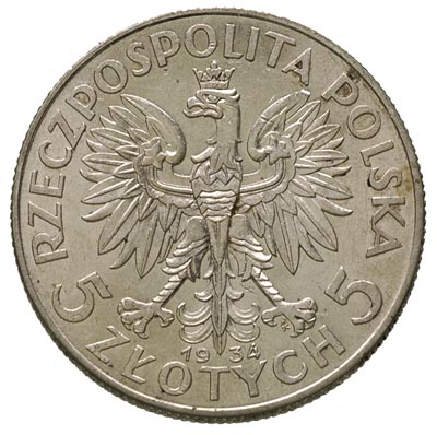 5 złotych 1934, Warszawa, Głowa Kobiety, Parchimowicz 116.d, piękny egzemplarz