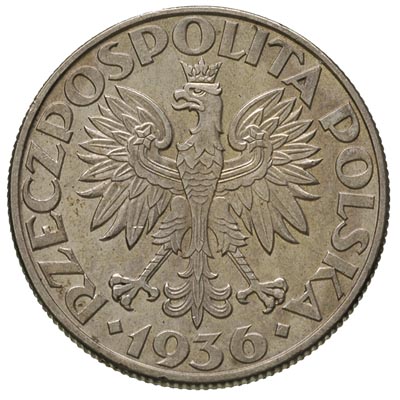 5 złotych 1936, Warszawa, Żaglowiec, Parchimowicz 119, bardzo ladne, delikatna patyna