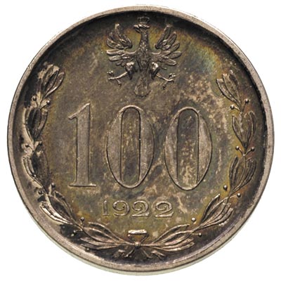 100 marek (bez nazwy nominału) 1922, Józef Piłsudski, srebro 8.76 g, Parchimowicz P-166.e, nakład 50 sztuk, piękna i efektowna moneta z wielokolorową patyną
