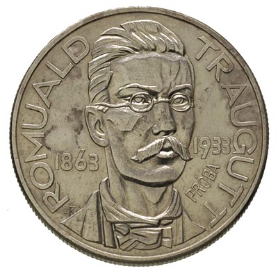 10 złotych 1933, Romuald Traugutt, na rewersie wypukły napis PRÓBA, srebro 21.81 g, Parchimowicz P-155.a  nakład 100 sztuk, na części powierzchni awersu i rewersu jasny nalot