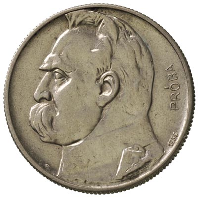 5 złotych 1934, Józef Piłsudski-Orzeł Strzelecki, na rewersie wypukły napis PRÓBA, srebro 10.83 g, Parchimowicz P-146, nakład 100 sztuk