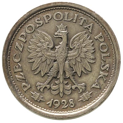 1 złoty 1928, bez napisu PRÓBA, na rewersie znak mennicy, nikiel 6.99 g, Parchimowicz P-126.a, nakład 35 sztuk, rzadki