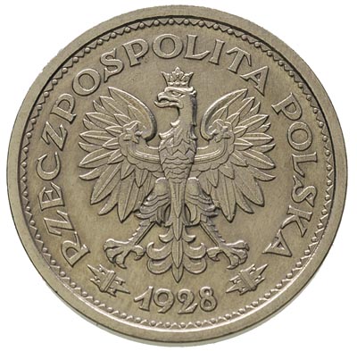 1 złoty 1928, pod cyfrą 1 wypukły napis PRÓBA, bez znaku mennicy, nikiel 7.02 g, Parchimowicz P-126.d, nakład 110 sztuk