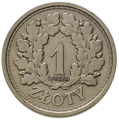 1 złoty 1928, pod cyfrą 1 wypukły napis PRÓBA, bez znaku mennicy, nikiel 7.02 g, Parchimowicz P-126.d, nakład 110 sztuk
