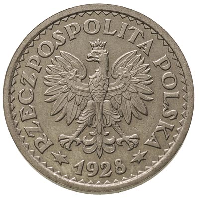 1 złoty 1928, bez napisu PRÓBA, na rewersie znak mennicy, nikiel 6.98 g, Parchimowicz P-125.a, nakład 15 sztuk rzadki