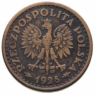 1 złoty 1928, bez napisu PRÓBA, na rewersie znak mennicy, miedź 7.13 g, Parchimowicz P-125.c, nakład 2 sztuki, rzadki