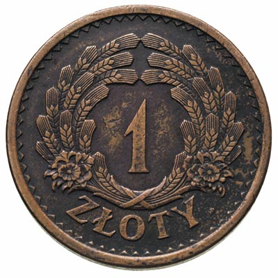 1 złoty 1928, bez napisu PRÓBA, na rewersie znak mennicy, miedź 7.13 g, Parchimowicz P-125.c, nakład 2 sztuki, rzadki