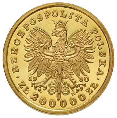 200.000 złotych 1990, Solidarity Mint - USA, Józef Piłsudski, złoto 31.04 g, Parchimowicz 636, nakład tylko 10 sztuk, niezwykle rzadka moneta, patyna