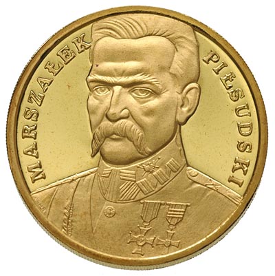 200.000 złotych 1990, Solidarity Mint - USA, Józef Piłsudski, złoto 31.04 g, Parchimowicz 636, nakład tylko 10 sztuk, niezwykle rzadka moneta, patyna