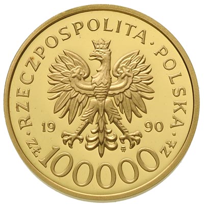 100.000 złotych 1990, Warszawa, Solidarność, złoto 15.49, 27 mm, Parchimowicz 621, nakład 1001 sztuk, rzadkie