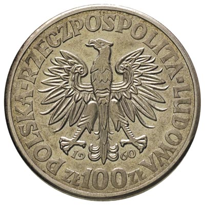 100 złotych 1960, Mieszko i Dąbrówka, na rewersie wypukły napis PRÓBA, srebro \700\" 20.59 g. Parchimowicz P-345.b
