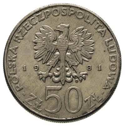 50 złotych 1981, Władysław Herman, miedzionikiel 11.55 g, Parchimowicz 261, próba technologiczna wybita na krążku z blachy z napisem \N25r\""