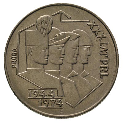 20 złotych 1974, XXX LAT PRL, na rewersie wypukły napis PRÓBA, miedzionikiel 10.12 g, Pachimowicz P-299.b, nakład 20 sztuk, rzadkie