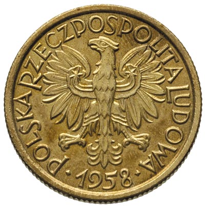 2 złote 1958, na rewersie wypukły napis PRÓBA, mosiądz 8.53 g, Parchimowicz P-223.a, nakład 100 sztuk, rzadkie, patyna