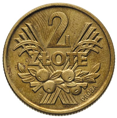 2 złote 1958, na rewersie wypukły napis PRÓBA, mosiądz 8.53 g, Parchimowicz P-223.a, nakład 100 sztuk, rzadkie, patyna
