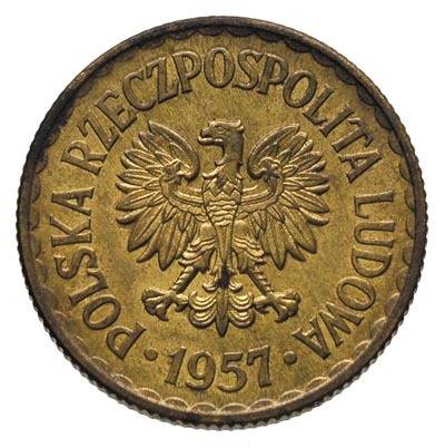 1 złoty 1957, na rewersie wklęsły napis PRÓBA, mosiądz, 6.72 g, Parchimowicz P-216.b, nakład 100 sztuk, rzadka
