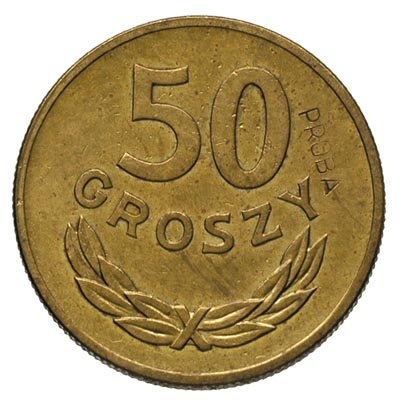 50 groszy 1949, na rewersie wklęsły napis PRÓBA, mosiądz 4.87 g, Parchimowicz P- 209.b, nakład 100 sztuk