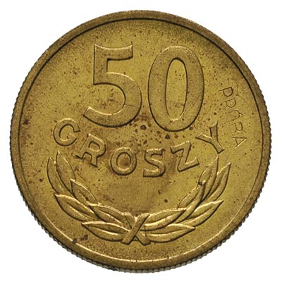 50 groszy 1957, na rewersie wklęsły napis PRÓBA, mosiądz 4.85 g, Parchimowicz P- 210.b, nakład 100 sztuk