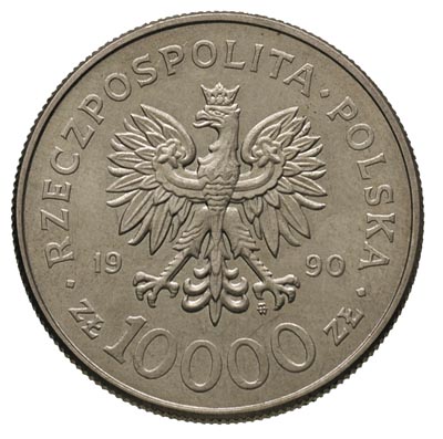 10.000 złotych 1990, Solidarność, na rewersie wypukły napis PRÓBA, miedzionikiel 10.69 g, Parchimowicz P-604.c, nakład nieznany