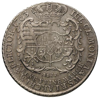 talar 1763, Lipsk, litera S na ramieniu króla, litery IFoF pod tarczą herbową, 2794 g, Schnee 1052, Dav. 2677 B