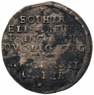 grosz 1622, Legnica, F.u.S. 1656, moneta wybita z okazji śmierci pierwszej żony księcia Zofii Elżbiety, bardzo rzadka, ciemna patyna