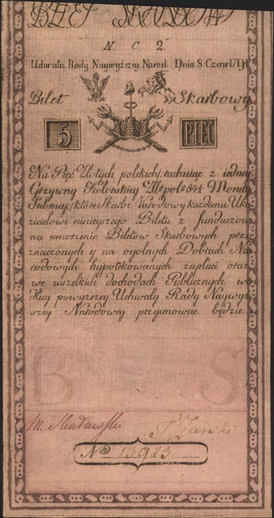 5 złotych 8.06.1794, seria N.C.2, Miłczak A1c, Lucow 13 (R4), przesunięty druk
