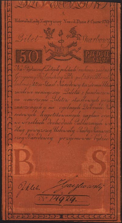 50 złotych 8.06.1794, seria A, Miłczak A4, Lucow 29 (R4), widoczny znak wodny z napisami firmowymi