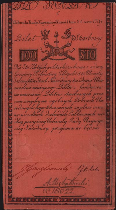 100 złotych 8.06.1794, seria C, Miłczak A5, Lucow 35 (R5), widoczny znak wodny z napisami firmowymi, ładnie zachowane