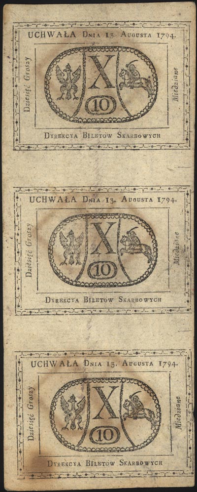 3 x 10 groszy miedziane 13.08.1794, trzy banknoty nierozcięte w pionie, Miłczak A9a, Lucow 40b (R6)