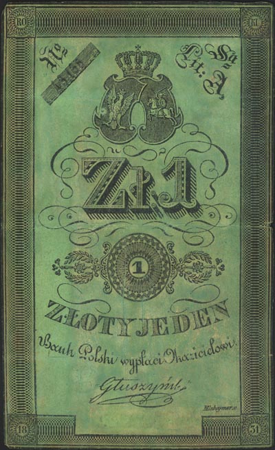 1 złoty 1831, podpis: Głuszyński, Miłczak A22a, Lucow 133a (R6), banknot wydrukowany na cienkim papierze, bez znaku wodnego, rzadki