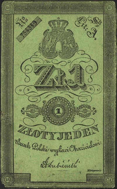 1 złoty 1831, podpis: Łubieński, Miłczak A22b, Lucow 135 (R4), minimalnie naprawiany - widoczne ślady na stronie odwrotnej