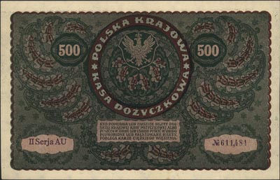 500 marek polskich 23.08.1919, II seria AU, Miłczak 28d, Lucow 395 (R0), rzadszy typ numeratora z \otwartą\" cyfrą 4,"I,1