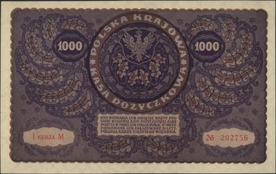 1.000 marek polskich 23.08.1919, I seria M, Miłczak 29a, Lucow 403 (R2) ale nie notuje tej serii, wyśmienity egzemplarz