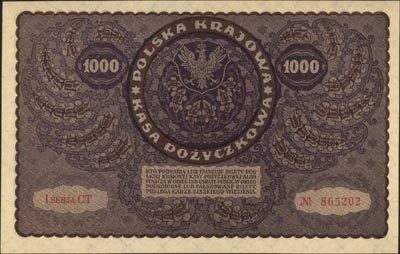 1.000 marek polskich 23.08.1919, I seria CT, Miłczak 29b, Lucow 404 (R1), wyśmienite