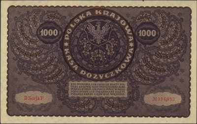 1.000 marek polskich 23.08.1919, II seria F, Miłczak 29c, Lucow 405 (R2) ale nie notuje tej serii, piękny egzemplarz