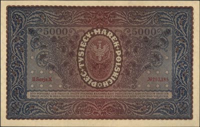 5.000 marek polskich 7.02.1920, II seria X, Miłczak 31a, Lucow 416 (R3), wyśmienite
