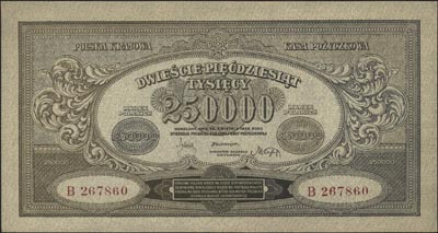 250.000 marek polskich 25.04.1923, seria B, Miłczak 34a, Lucow 429 (R4), bardzo rzadkie w tak pięknym stanie zachowania