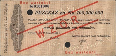 przekaz na 100.000.000 marek polskich 20.11.1923, WZÓR, dwukrotnie perforowane, numeracja 0161006, Miłczak 41b, Lucow 468 (R6), plamka, rzadkie